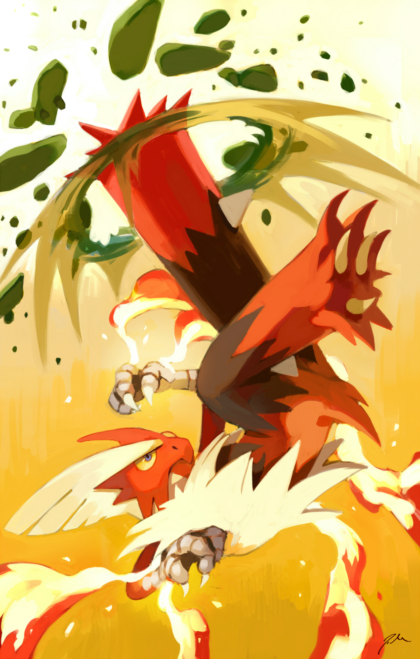 blaziken blonde_hair blue_eyes bluekomadori claws closed_mouth colored_sclera fire gen_3_pokemon highres kicking mega_blaziken mega_pokemon nintendo pokemon pokemon_(creature) solo yellow_sclera