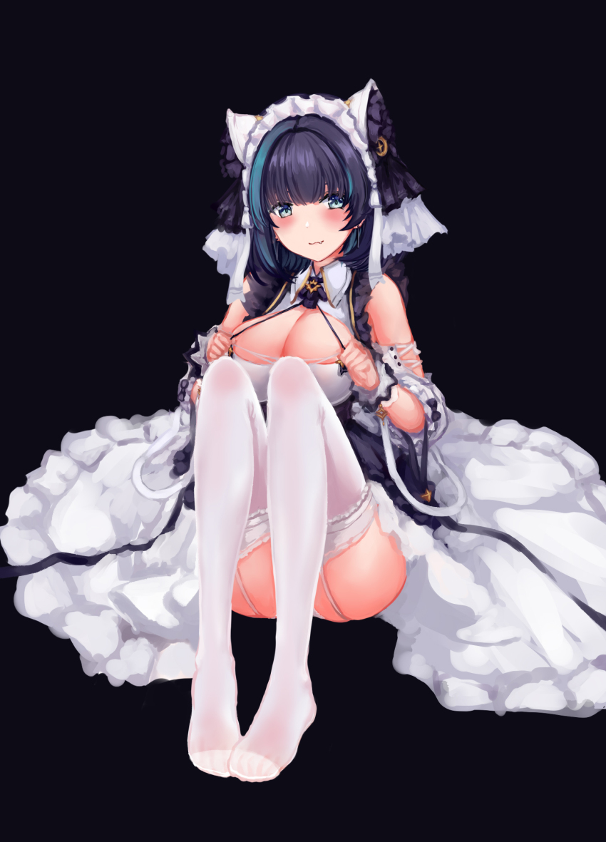 1girl animal_ears azur_lane bare_shoulders black_background black_hair blue_eyes blue_hair blush breasts cheshire_(azur_lane) cleavage garter_straps highres hu_sea large_breasts long_hair looking_at_viewer maid_headdress multicolored_hair simple_background sitting smile solo thighhighs white_thighhighs