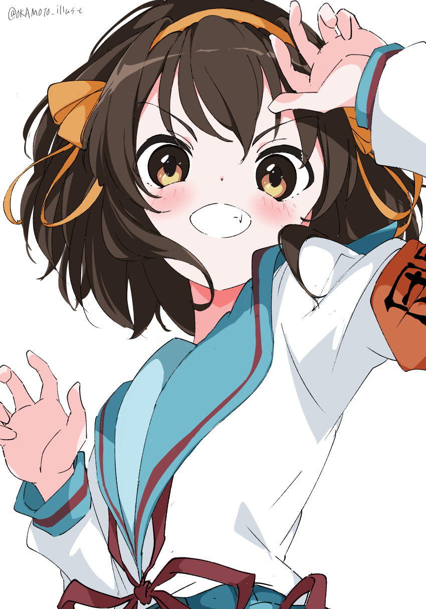 &gt;:) 1girl absurdres armband blue_sailor_collar blush brown_eyes brown_hair dot_nose grin hairband hands_up highres kouyouen_academy_school_uniform looking_at_viewer orange_hairband red_ribbon ribbon sailor_collar school_uniform serafuku signature smile suzumiya_haruhi suzumiya_haruhi_no_yuuutsu upper_body v-shaped_eyebrows white_background white_gorilla_(okamoto)