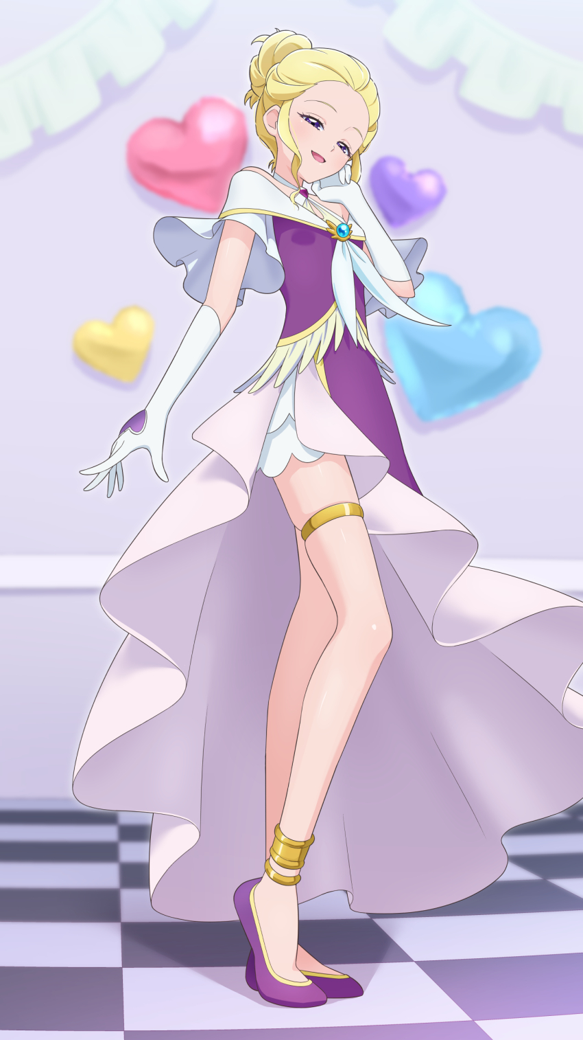 1girl :d absurdres anklet balloon bare_legs bare_shoulders blonde_hair blush checkered_floor commentary cosplay criss-cross_halter cure_earth cure_earth_(cosplay) dress elbow_gloves flats forehead full_body fuurin_asumi gloves gold_anklet gold_thighlet hair_bun half-closed_eyes halterneck hand_on_own_face hand_up head_tilt healin&#039;_good_precure heart heart_balloon heel_up highres indoors jewelry looking_at_viewer magical_girl off-shoulder_dress off_shoulder open_mouth precure purple_dress purple_eyes purple_shoes self_cosplay shoes short_hair side_slit single_hair_bun smile solo standing thighlet tiler_(tiler00) white_gloves