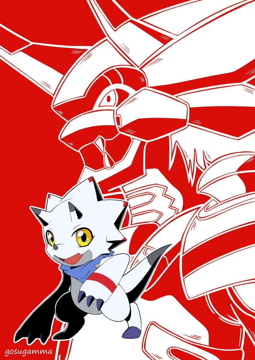 absurdres bandana bandana_around_neck blue_bandana digimon digimon_(creature) digimon_ghost_game dragon evolutionary_line full_body gammamon highres horns houei4 red_background siriusmon triceratops yellow_eyes
