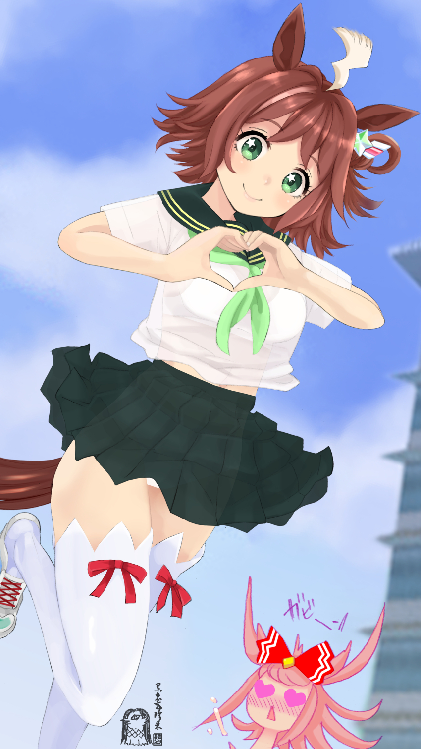 2girls absurdres agnes_digital_(umamusume) ahoge alternate_costume animal_ears blush breasts brown_hair cloritin commentary_request green_eyes heart heart-shaped_pupils heart_hands highres horse_ears horse_tail looking_at_viewer medium_breasts medium_hair multiple_girls pink_hair rhein_kraft_(umamusume) school_uniform see-through_clothes see-through_skirt skirt sky smile standing standing_on_one_leg symbol-shaped_pupils tail thighhighs umamusume