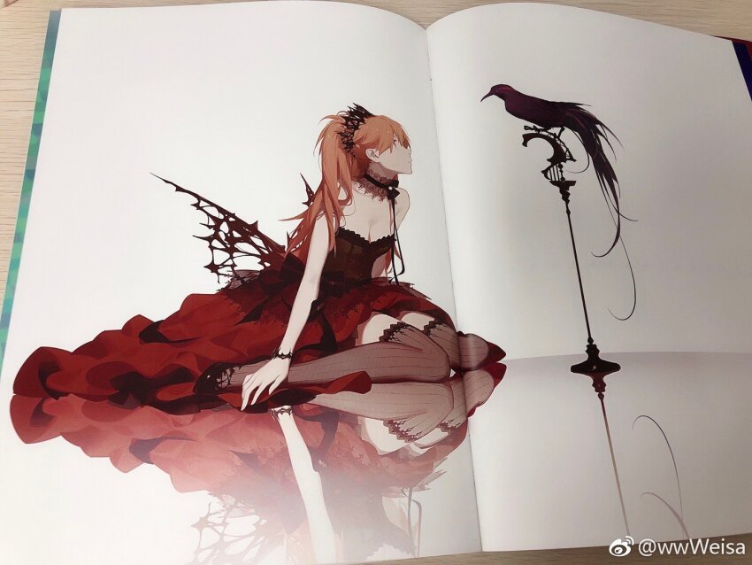 1girl ask_(askzy) bird black_socks blue_eyes bow bowtie crown long_hair neon_genesis_evangelion orange_hair red_skirt skirt socks souryuu_asuka_langley