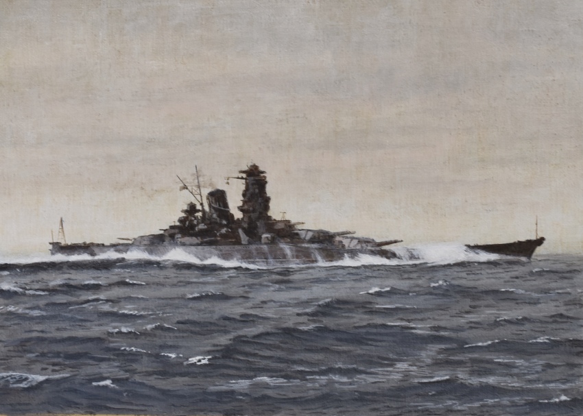 absurdres acrylic_paint_(medium) atelier_bono battleship cannon cloud cloudy_sky highres imperial_japanese_navy military_vehicle no_humans ocean original painting_(medium) ship ship_turret sky smoke smokestack storm traditional_media vehicle_focus warship watercraft waves yamato_(battleship)