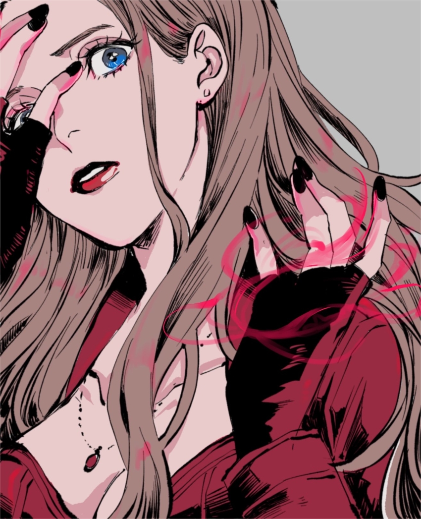 1girl animification ashinamaturi avengers:_age_of_ultron avengers_(series) black_gloves blue_eyes breasts brown_hair cleavage collarbone commentary_request fingerless_gloves gem gloves grey_background hand_on_own_face hands_up highres jacket jewelry large_breasts lips long_hair long_sleeves looking_at_viewer magic marvel marvel_cinematic_universe necklace red_gemstone red_jacket simple_background solo teeth upper_body wanda_maximoff