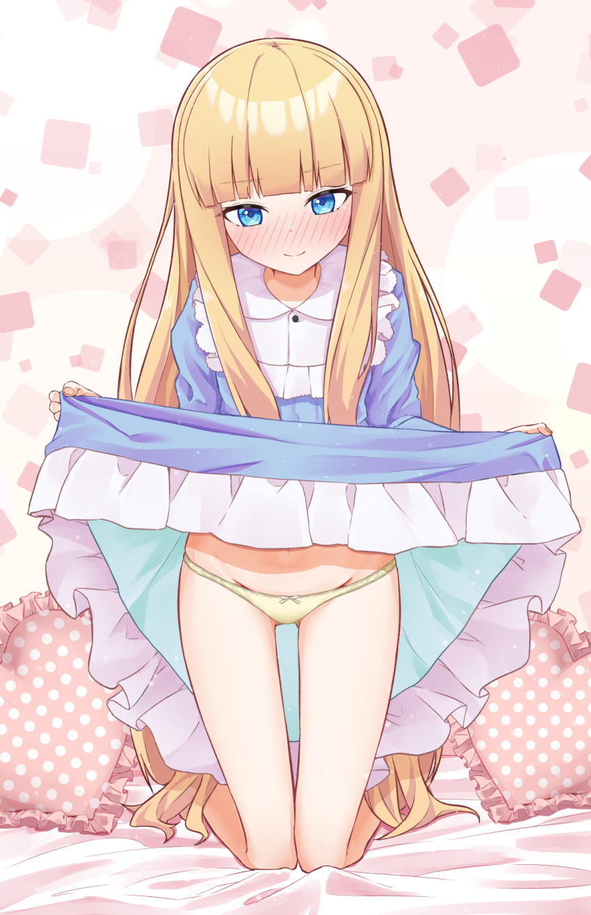 1girl blonde_hair blue_dress blue_eyes blush bow bow_panties closed_mouth clothes_lift commentary_request dress dress_lift frilled_dress frilled_pillow frills gluteal_fold groin heart heart-shaped_pillow highres kneeling lifting_own_clothes long_hair long_sleeves looking_at_viewer nenosame nose_blush original panties pillow polka_dot_pillow smile solo thigh_gap underwear very_long_hair yellow_panties
