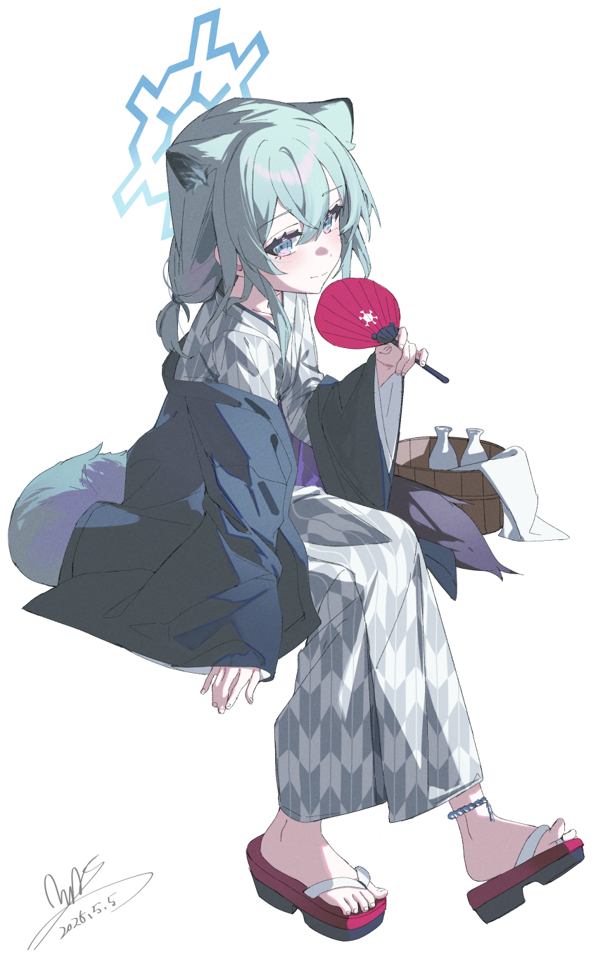 1girl absurdres animal_ears aqua_hair bath_yukata black_haori blue_archive blue_eyes blue_halo bucket closed_mouth commentary full_body grey_kimono hair_between_eyes halo hand_fan haori highres holding holding_fan invisible_chair japanese_clothes kimono looking_at_viewer official_alternate_costume official_alternate_hairstyle paper_fan ponytail qtian sandals shigure_(blue_archive) shigure_(hot_spring)_(blue_archive) short_hair short_ponytail signature simple_background sitting smile solo tail toenails toes uchiwa weasel_ears weasel_girl weasel_tail white_background wooden_bucket yukata zouri