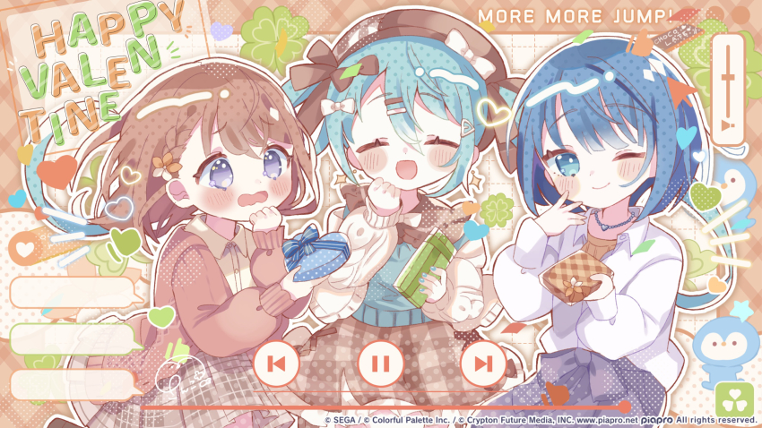 3girls aqua_hair bird blank_speech_bubble blue_eyes blue_hair blue_ribbon blue_sweater border bow box braid brown_border brown_bow brown_cardigan brown_ribbon brown_skirt cardigan chocolate closed_mouth clover collared_shirt commentary_request company_name copyright_name copyright_notice cowboy_shot cursor dotted_line double-parted_bangs facing_viewer fake_video flower four-leaf_clover french_girly gift gift_box green_ribbon grey_eyes grey_skirt grid_background hair_between_eyes hair_bow hair_flower hair_ornament hairclip hanasato_minori hand_up happy_valentine hat hat_bow hat_ribbon hatsune_miku heart heart-shaped_box heart_hair_ornament heart_necklace highres holding holding_gift jewelry kiritani_haruka long_hair long_sleeves looking_ahead looking_at_viewer medium_hair more_more_jump!_miku multiple_girls necklace notice_lines official_art open_cardigan open_clothes open_mouth orange_flower outside_border pause_button plaid_clothes plaid_skirt pleated_skirt project_sekai puffy_long_sleeves puffy_sleeves ribbon sango_(35sangosan) shirt short_hair side_braid single_braid skirt smile speech_bubble star_(symbol) sweater tareme tears thought_bubble vocaloid volume_symbol white_bow white_flower white_shirt yellow_shirt yellow_sweater