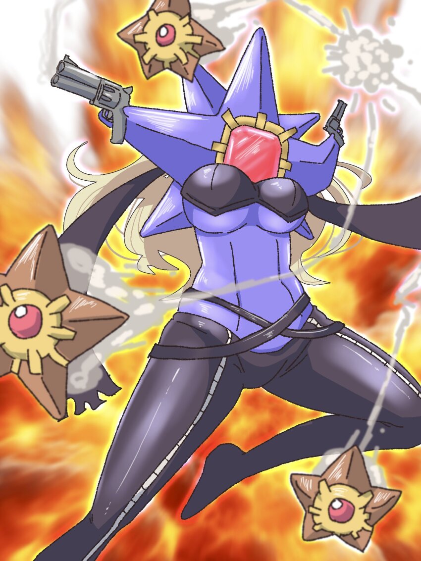 1girl 3others beelstarmon beelstarmon_(cosplay) breasts cosplay digimon dual_wielding echieichi fusion gen_1_pokemon gun handgun highres holding holding_gun holding_weapon jumping large_breasts lowleg lowleg_pants mega_pokemon mega_starmie multiple_others name_connection nintendo no_humans other_focus pants pokemon pokemon_(creature) pokemon_focus pun revolver simple_background star_(symbol) starmie staryu translation_request weapon what wide_hips