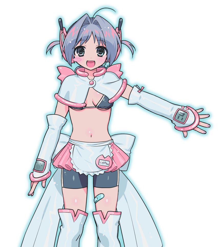 1girl :d ahoge apron aqua_eyes bandaid bandaid_on_leg bike_shorts bike_shorts_under_skirt bikini bikini_top_only black_bikini blush_stickers boots breasts capelet cowboy_shot detached_sleeves fang grey_hair hair_intakes headphones highres looking_at_viewer micro_bikini miniskirt name_tag navel open_mouth original outstretched_arm pink_skirt pleated_skirt sasamigumi short_hair shorts shorts_under_skirt simple_background single_blush_sticker skirt small_breasts smile solo standing stomach straight-on swimsuit thigh_boots two_side_up waist_apron white_background white_boots white_capelet white_sleeves