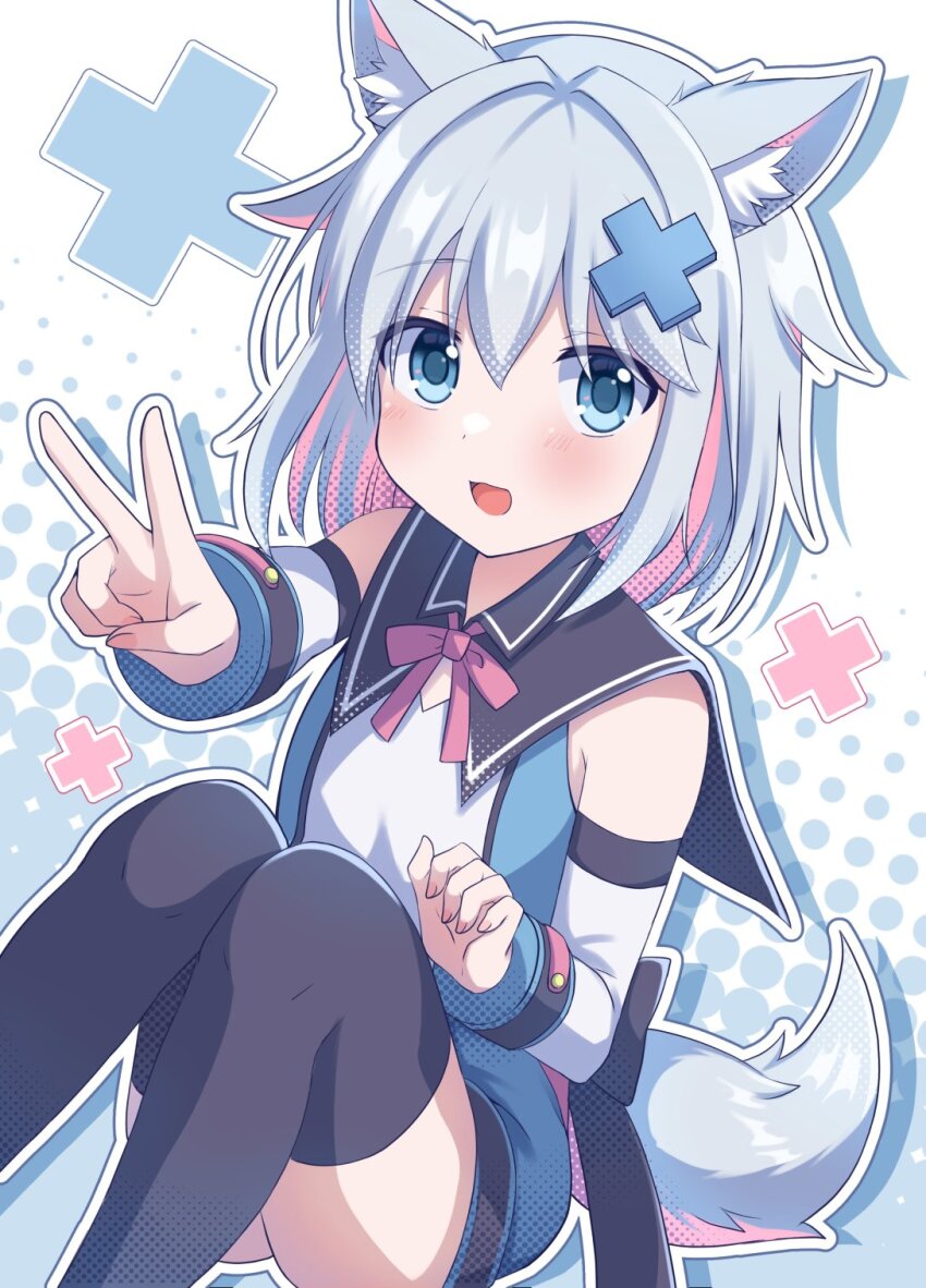 1girl :d animal_ear_fluff animal_ears black_thighhighs blue_dress blue_eyes blue_hair blush bow colored_inner_hair detached_sleeves dress fox_ears fox_girl fox_tail grey_hair hair_between_eyes hair_ornament halftone highres knees_up looking_at_viewer medium_hair mint_(vrchat) multicolored_hair open_mouth pink_hair ribbon short_hair sitting smile solo tail thighhighs two-tone_hair v vrchat white_sleeves x_hair_ornament yukino_(weem4554)