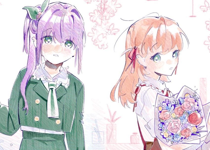 2girls aqua_eyes blue_flower blush bouquet buttons cerise_bouquet collared_shirt commentary_request cropped_jacket double-breasted dress_shirt flower frilled_shirt_collar frills green_eyes green_jacket green_necktie green_skirt hair_bun hair_flower hair_intakes hair_ornament hair_ribbon highres hinoshita_kaho holding holding_bouquet jacket link!_like!_love_live! long_hair long_sleeves love_live! multiple_girls neck_ribbon necktie no_jacket nose_blush official_alternate_costume orange_hair otomune_kozue parted_lips pink_flower pink_rose pinstripe_jacket pinstripe_pattern pinstripe_skirt pipi_(m1x_mix) purple_flower purple_hair red_flower red_ribbon red_rose ribbon rose shirt side_ponytail sidelocks single_side_bun sketch_background skirt square-end_necktie striped_clothes two_side_up vertical-striped_clothes vertical-striped_necktie virtual_youtuber white_background white_shirt yellow_flower