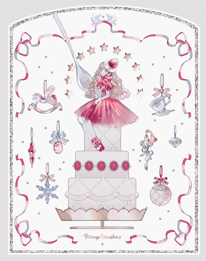 1girl absurdres ballet_slippers border bow bowtie brooch brown_hair cake cake_stand commentary cup dress food fruit_hat gloves highres huge_bowtie jewelry light_smile long_hair looking_at_viewer merry_christmas mini_person minigirl original ornate_border oversized_food oversized_object pantyhose pink_bow pink_bowtie pink_dress pink_slippers puffy_short_sleeves puffy_sleeves rocking_horse sakuraba_suzu saucer short_sleeves sitting slippers solo spoon star_(symbol) strawberry_hat teacup very_long_hair wavy_hair white_gloves white_pantyhose