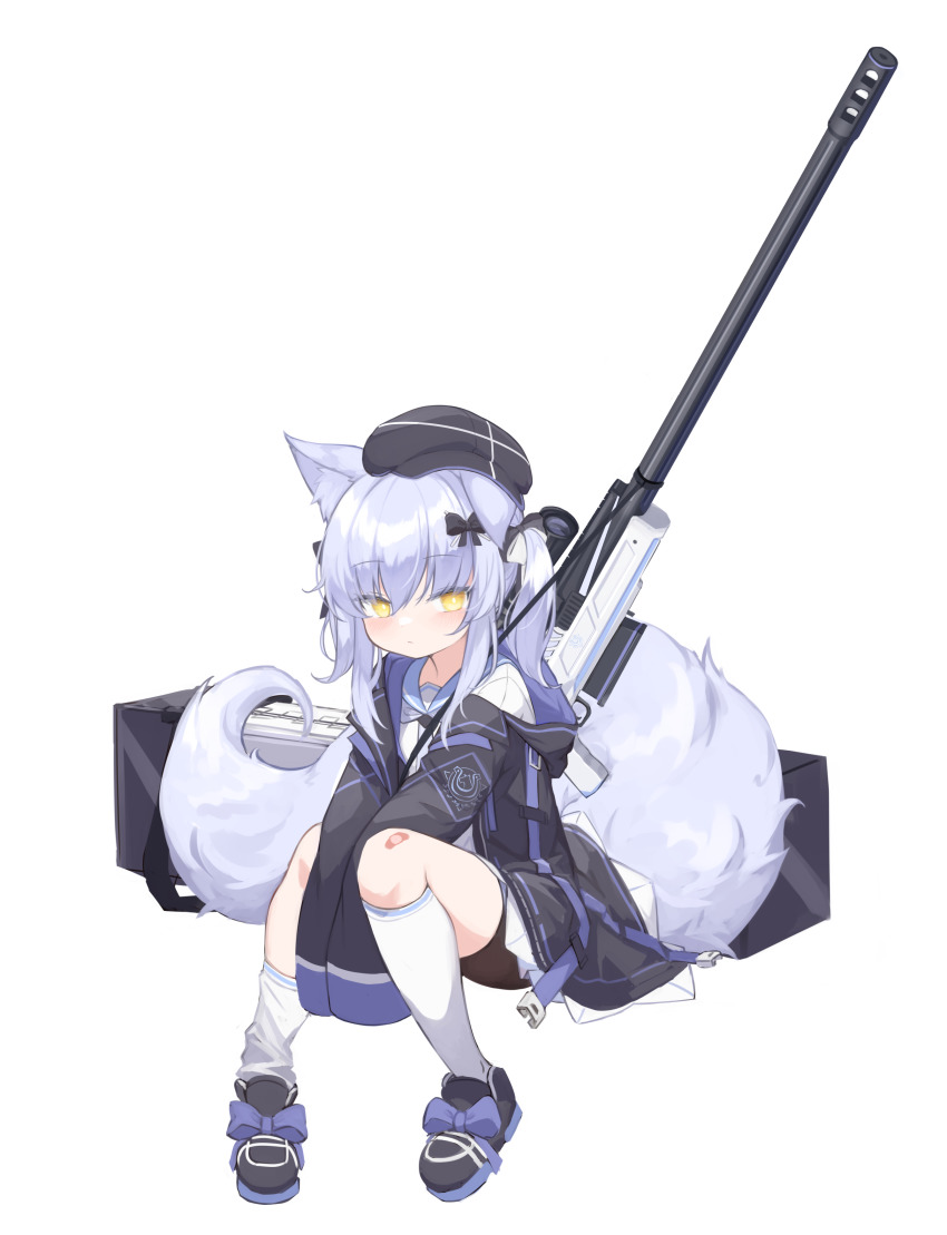 1girl absurdres animal_ears between_legs black_bow black_hat black_jacket black_shoes blue_hair bow newsboy_cap commentary gun hair_between_eyes hair_bow hand_between_legs hat highres hood hood_down hooded_jacket jacket klaius kneehighs kneehighs_pull knees_up long_hair long_sleeves looking_at_viewer off_shoulder open_clothes open_jacket original rifle scope shoes simple_background sitting sleeves_past_fingers sleeves_past_wrists sniper_rifle socks solo tail twintails weapon weapon_request white_background white_socks yellow_eyes