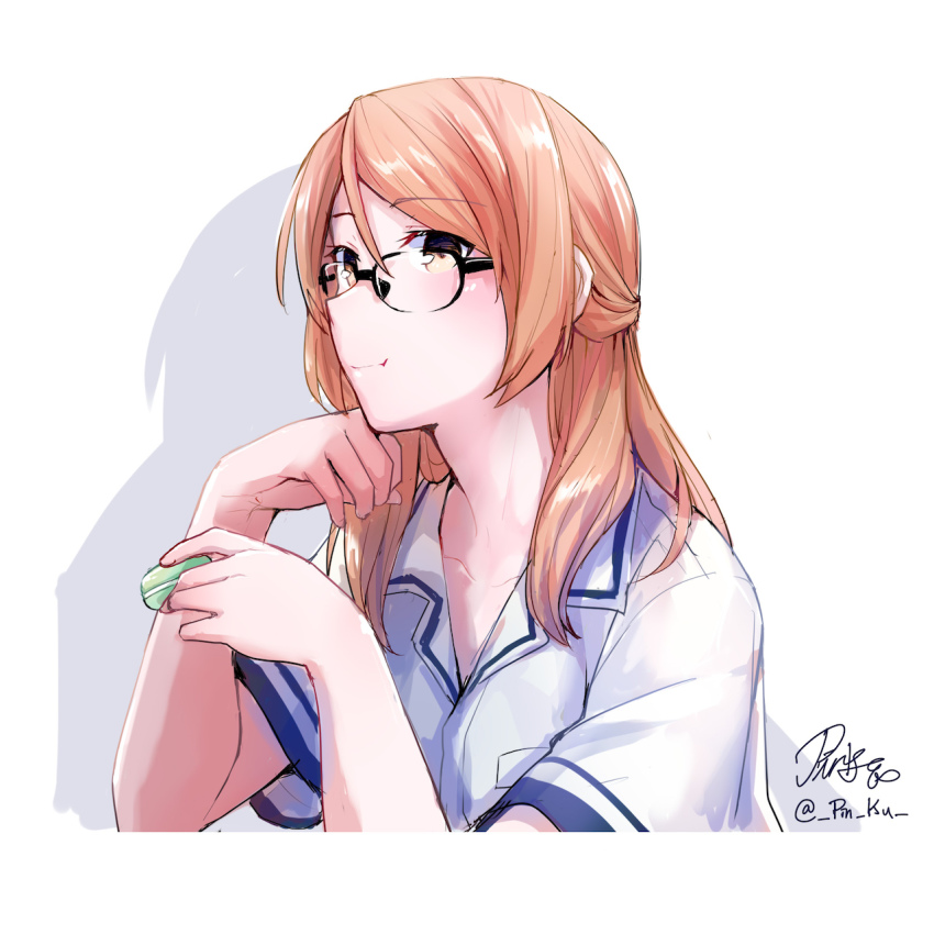 1girl black-framed_eyewear brown_eyes brown_hair eating female_admiral_(kancolle) food glasses hand_on_own_cheek hand_on_own_face head_rest highres holding holding_food kantai_collection long_hair pin.s short_sleeves solo upper_body