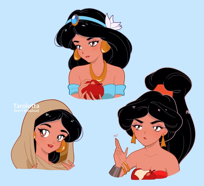 aladdin_(movie) arabian_clothes bandeau bare_shoulders black_hair brown_eyes brown_hijab dark-skinned_female dark_skin earrings harem_outfit highres hijab jasmine_(disney) jewelry long_hair off-shoulder_bandeau off_shoulder tarolotta very_long_hair