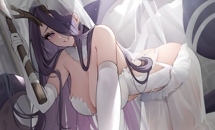 1girl adventure_galley_(azur_lane) adventure_galley_(carnival_under_the_blood_moon)_(azur_lane) antlers ass asymmetrical_horns axe azur_lane blush breasts chinese_commentary cleavage clothing_cutout commentary_request detached_collar detached_sleeves dress elbow_gloves gloves golden_hind_(azur_lane) golden_hind_(forlorn_femme_fatale)_(azur_lane) hair_over_one_eye hair_spread_out highres holding holding_axe horns large_breasts leaning_forward long_dress long_hair looking_at_viewer mole mole_under_mouth purple_eyes purple_hair qing_wu reindeer_antlers see-through_clothes see-through_dress shoulder_cutout smile solo tentacles very_long_hair white_dress white_gloves