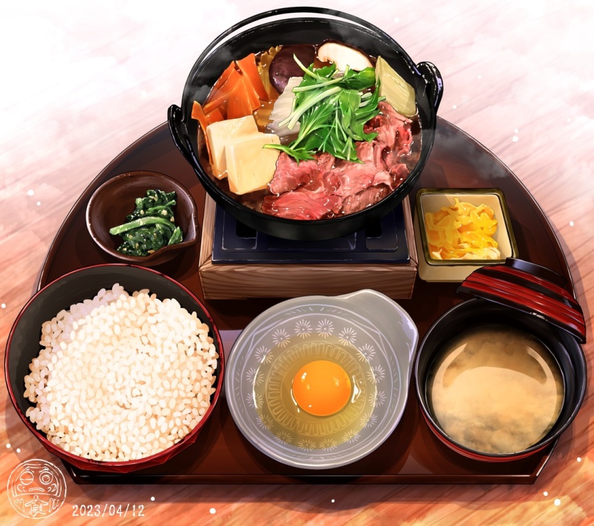 artist_logo bowl carrot_slice commentary_request dated egg_(food) egg_yolk food food_focus logo meat no_humans ooranokohaku original rice rice_bowl steam still_life sukiyaki table vegetable wooden_table