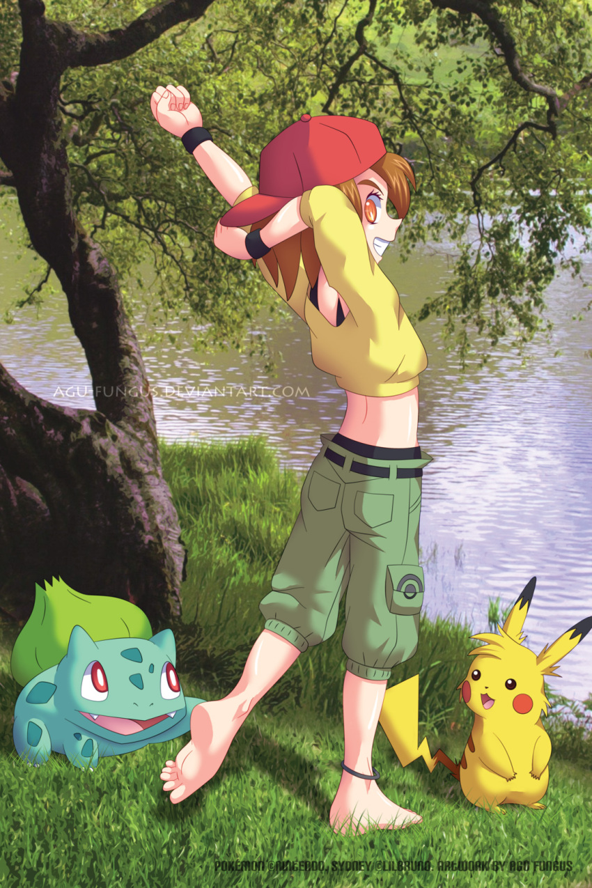 1girl agu-fungus ankle_ring barefoot baseball_cap brown_hair bulbasaur feet forest gen_1_pokemon grass green_shorts hat highres looking_at_viewer midriff nature nintendo orange_eyes original pikachu pokemon red_cap river shirt shorts smile soles sydney&#039;s_pokemon_adventure sydney_(lilbruno) toes tomboy tree wristband yellow_shirt