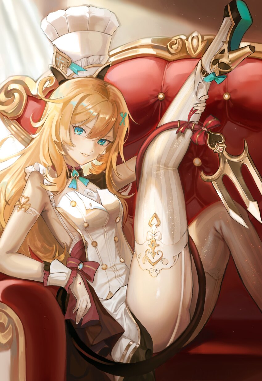 1girl absurdres ahoge blonde_hair blue_eyes breasts chef_hat commentary couch dress escoffier_(genshin_impact) garter_straps genshin_impact gloves hat high_heels highres lankie medium_breasts on_couch parted_lips sitting solo thighhighs thighs white_dress white_garter_straps white_gloves white_thighhighs