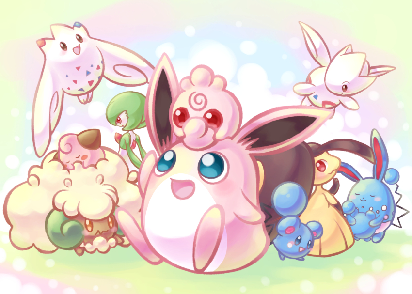 azumarill azurill black_hair blonde_hair blush cleffa closed_eyes closed_mouth extra_mouth game_freak gardevoir gen_1_pokemon gen_2_pokemon gen_3_pokemon gen_4_pokemon gen_5_pokemon green_hair highres hug looking_back mawile nintendo no_humans open_mouth pink_hair pokemon pokemon_(creature) putto sitting smile togekiss togetic whimsicott wigglytuff wings