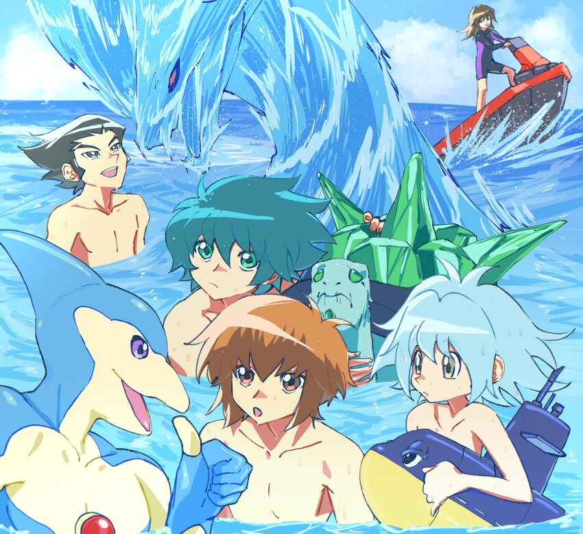 5boys :d blue_eyes blue_hair blue_sky brown_eyes brown_hair crystal_beast_emerald_tortoise day dolphin duel_monster green_eyes grey_eyes hair_between_eyes happy highres jet_ski johan_andersen long_hair male_focus marufuji_sho misawa_daichi multicolored_hair multiple_boys neo-spacian_aqua_dolphin ocean open_mouth outdoors riding short_hair sky smile swimming swimsuit tenjouin_fubuki thumbs_up tobali_c topless_male two-tone_hair water watercraft yu-gi-oh! yu-gi-oh!_gx yuki_judai