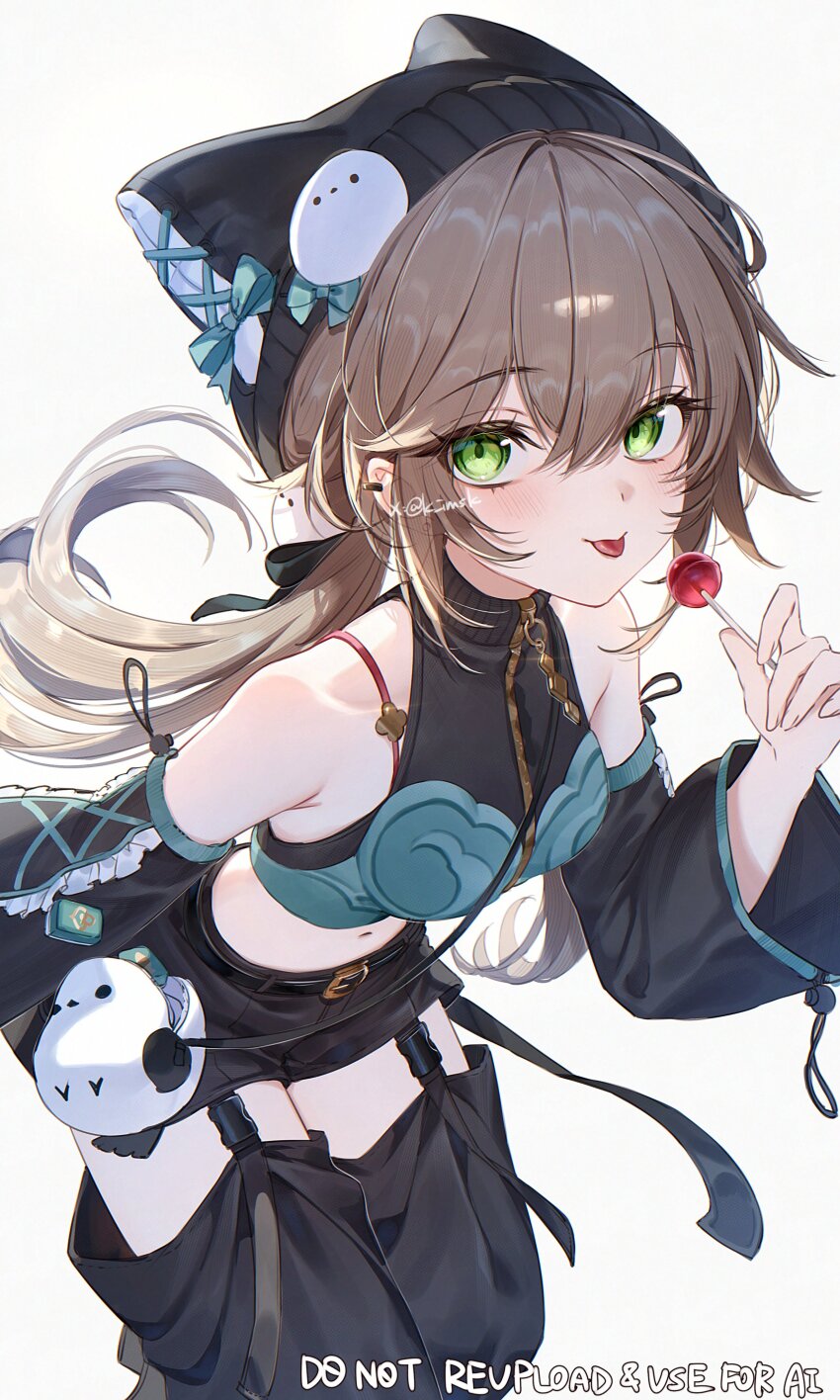 1girl absurdres adapted_costume armpit_crease beanie belt black_belt black_hat black_shorts black_sleeves blush breasts brown_hair candy commentary crop_top detached_pants detached_sleeves food green_eyes hat highres holding holding_candy holding_food holding_lollipop honkai:_star_rail honkai_(series) imasaki_kei leaning_forward lollipop long_hair looking_at_viewer navel qingque_(honkai:_star_rail) shirt shorts simple_background sleeveless sleeveless_shirt small_breasts solo stomach tongue tongue_out white_background