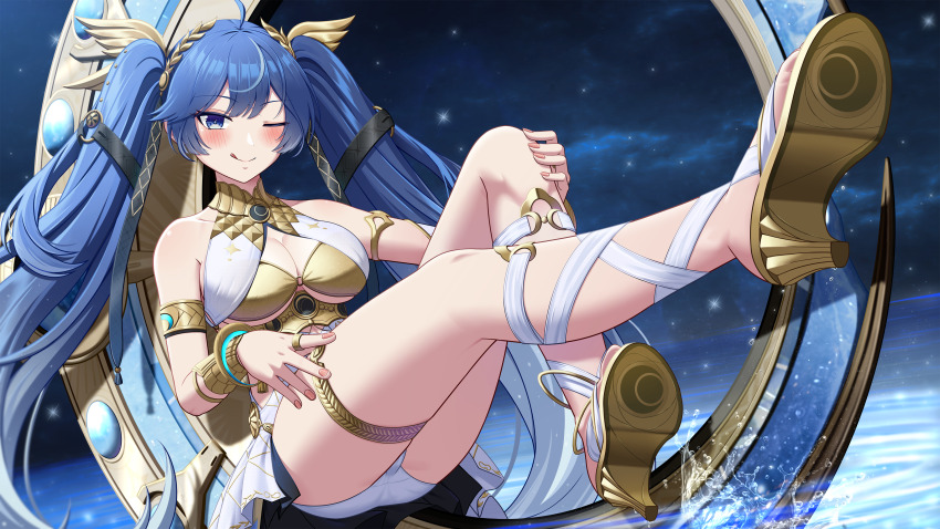 1girl :q absurdres ahoge ancient_greek_clothes armlet bare_shoulders blue_eyes blush breasts chinese_commentary cleavage closed_mouth commentary_request full_body gladiator_sandals gold_bra gradient_hair greco-roman_clothes highres iuno_(wuthering_waves) jewelry large_breasts laurel_crown lemon_kele long_hair looking_at_viewer multicolored_hair one_eye_closed outstretched_leg partial_commentary sandals smile solo thighlet thighs tongue tongue_out twintails vambraces very_long_hair wuthering_waves