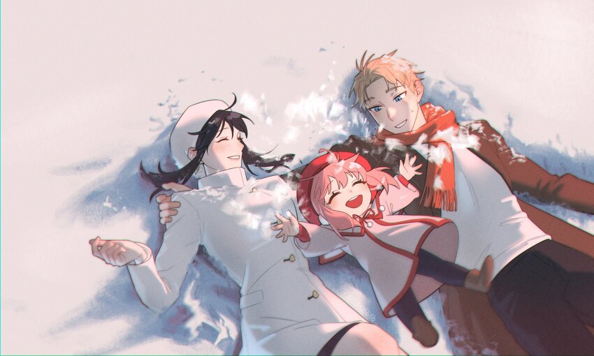 1boy 2girls anya_(spy_x_family) artist_name black_hair blonde_hair blue_eyes brown_jacket brown_pants child closed_eyes commentary dress family grin hat highres jacket long_hair long_sleeves looking_at_another looking_to_the_side lying multiple_girls open_clothes open_jacket open_mouth orange_scarf pants pink_hair scarf shirt short_hair siro666b smile snow spy_x_family sweatdrop twilight_(spy_x_family) white_dress white_hat white_shirt winter_clothes yor_briar