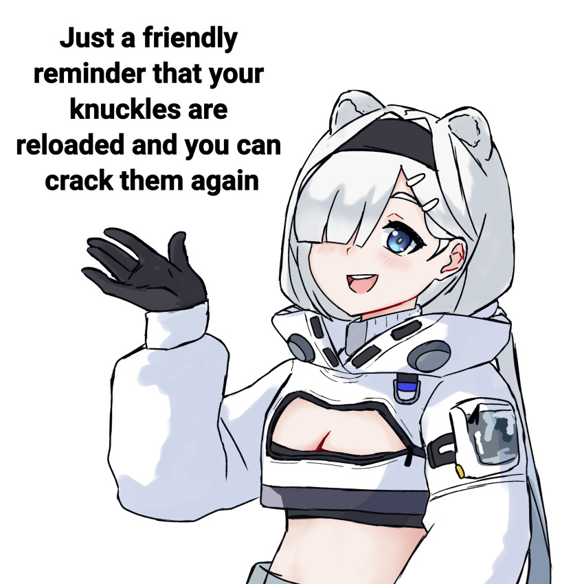 1girl :d animal_ears arknights arm_up aurora_(arknights) bear_ears bear_girl black_gloves black_hairband blue_eyes cleavage_cutout clothing_cutout commentary crop_top cropped_jacket english_commentary english_text gloves hair_ornament hair_over_one_eye hairband hairclip hand_up highres jacket long_hair long_sleeves midriff open_mouth shura_(shura_cs) simple_background smile solo upper_body white_background white_hair white_jacket
