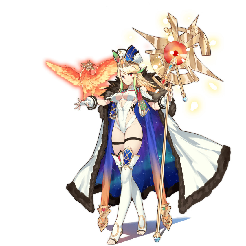 1girl ankh ark_order blonde_hair breasts cape cleavage_cutout clothing_cutout diamond_(gemstone) feather_collar fingerless_gloves fire full_body fur-trimmed_cape fur_trim gloves green_hair hat highres holding holding_staff kzhu large_breasts leotard light multicolored_hair multicolored_hat official_art orange_eyes ra_(ark_order) solo staff standing streaked_hair tachi-e thigh_strap thighhighs toeless_legwear transparent_background variant_set white_cape white_gloves white_leotard white_thighhighs
