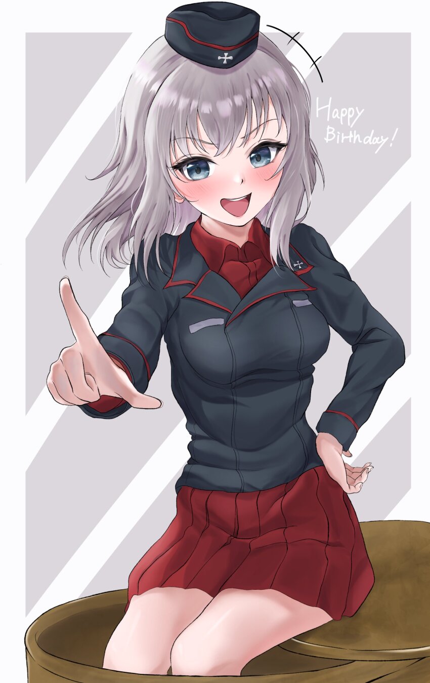 1girl absurdres black_jacket blue_eyes blush breasts girls_und_panzer grey_hair hand_on_own_hip happy_birthday hat highres itsumi_erika jacket kuromorimine_military_uniform medium_breasts medium_hair narupi_(awbzojfijs75103) open_mouth punching red_skirt skirt solo standing