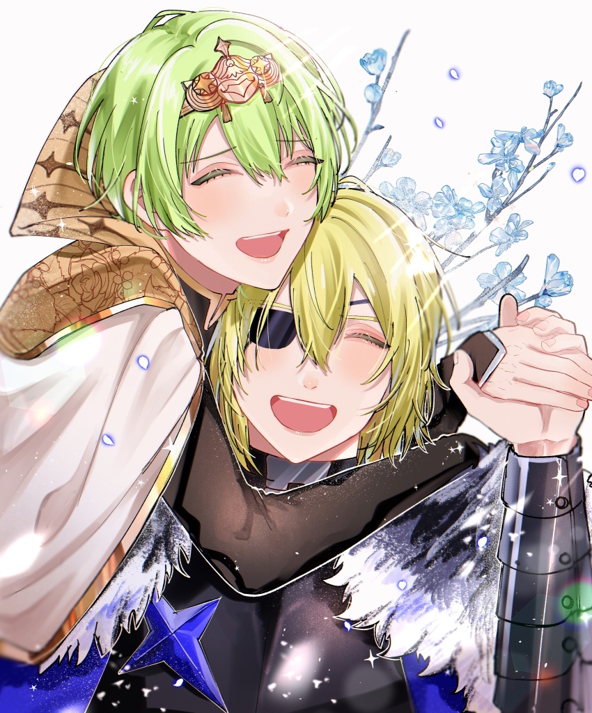 2boys absurdres armor black_armor black_fur black_shirt blue_cape blue_flower blush branch breastplate male_byleth_(enlightened)_(fire_emblem) male_byleth_(fire_emblem) cape closed_eyes commentary_request dimitri_alexandre_blaiddyd dimitri_alexandre_blaiddyd_(timeskip) eyelashes fire_emblem fire_emblem:_three_houses flower green_hair hair_between_eyes highres holding_hands hug laughing long_sleeves male_focus multiple_boys mystical_high_collar nintendo parted_bangs shirt sparkle tani11a teeth tiara tongue two-sided_cape two-sided_fabric upper_body upper_teeth_only white_background white_cape white_fur yaoi