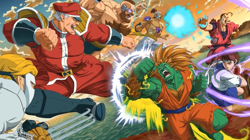 1girl 5boys armor battle beard blanka blonde_hair blue_skirt brown_eyes brown_hair capcom chest_hair colored_skin cosplay crossover dougi dragon_ball dragonball_z el_fuerte empty_eyes evening facial_hair fighting final_form_frieza frieza frieza_(cosplay) green_skin hadouken headband hibiki_dan highres jacket kasugano_sakura long_hair m._bison midair mohawk multiple_boys nappa nappa_(cosplay) official_art orange_pants orange_shirt pants pink_pants pink_shirt red_headwear red_jacket red_pants school_uniform scouter shirt shoulder_armor skirt son_goku son_goku_(cosplay) street_fighter street_fighter_6 topless_male vega_(street_fighter) vegeta vegeta_(cosplay) water white_hair white_headband white_shirt zangief