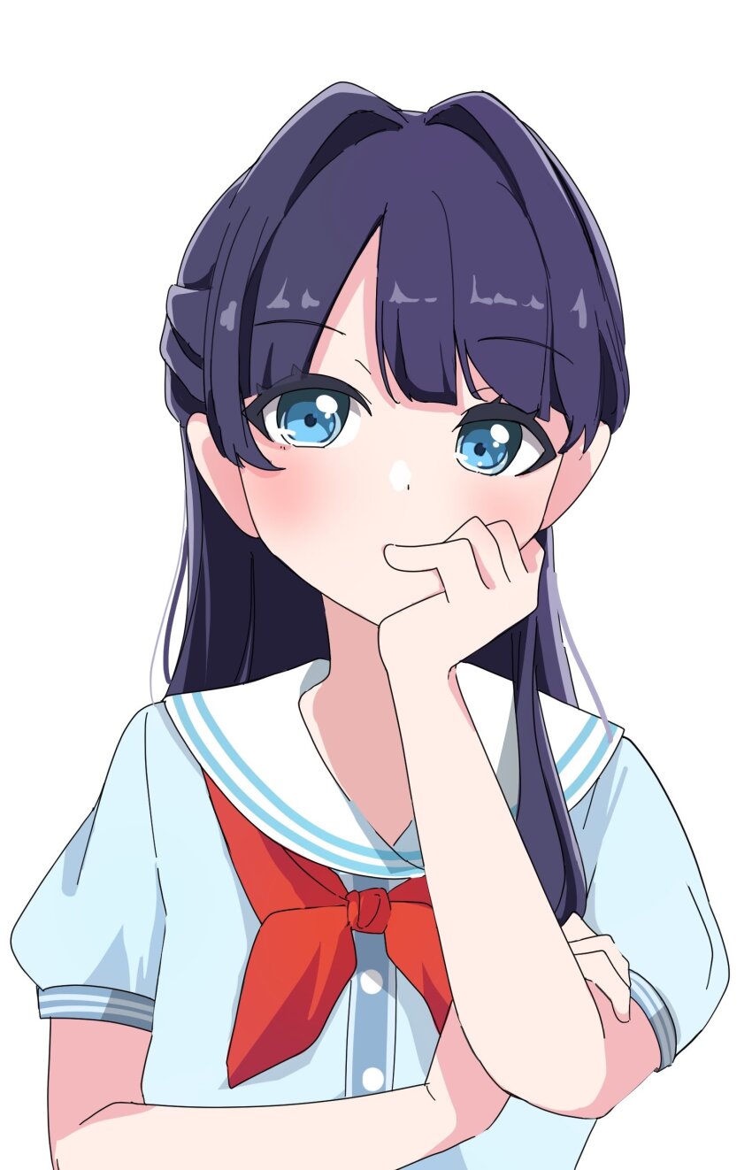 1girl absurdres blue_dress blue_eyes commentary_request dress hair_intakes half_updo hand_on_own_chin hasu_no_sora_school_uniform highres kametora_(kametora02) link!_like!_love_live! long_hair looking_at_viewer love_live! murano_sayaka neckerchief puffy_short_sleeves puffy_sleeves purple_hair red_neckerchief sailor_collar sailor_dress school_uniform short_sleeves simple_background solo summer_uniform thinking upper_body virtual_youtuber white_background white_sailor_collar
