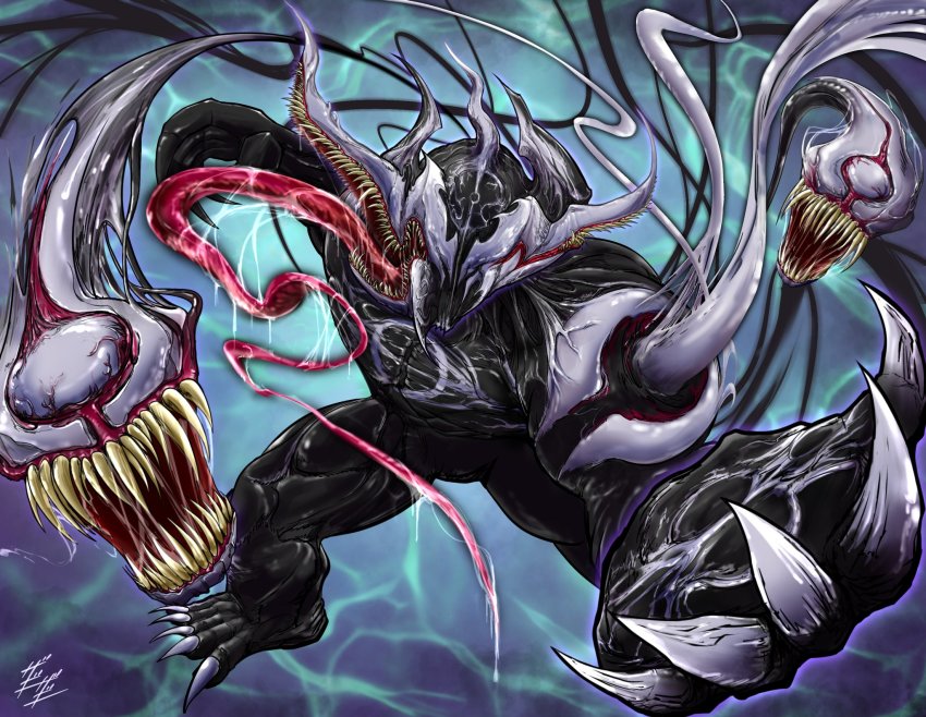 alien crossover eldritch_abomination evol_blackhole evolto fingernails fusion highres kamen_rider kamen_rider_build_(series) kamen_rider_evol long_fingernails marvel monster muscular nail_polish nightmare open_mouth possessed possession red_eyes saliva science_fiction sharp_teeth spider-man_(series) symbiote teeth tentacles toenails tokusatsu tongue tongue_out unusual_effect venom_(marvel) white_nails zagizagi