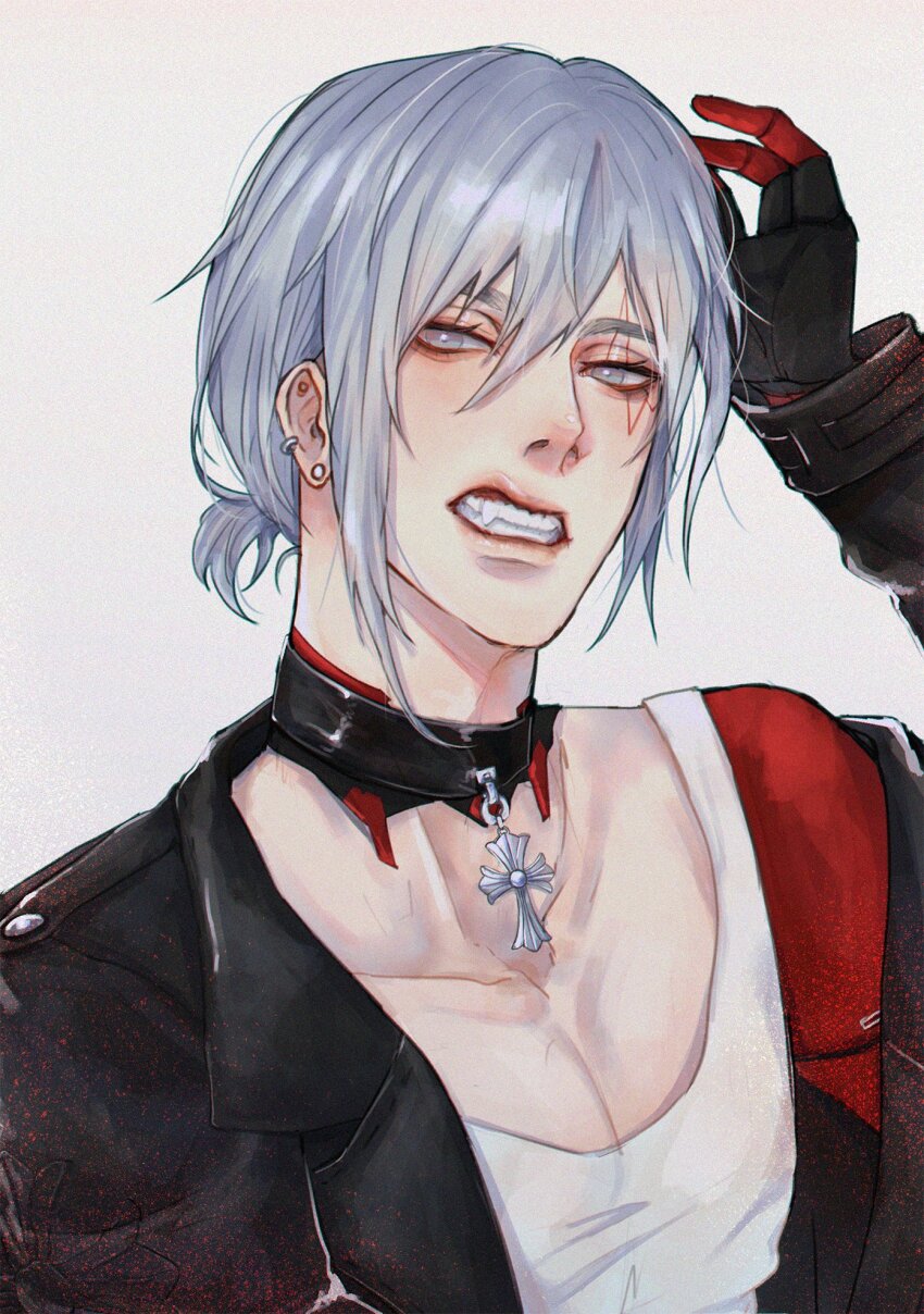 1boy arm_up belt_collar black_collar black_jacket clenched_teeth collar collarbone commentary cross cross_necklace ear_piercing earrings facial_mark fulgur_ovid fulgur_ovid_(1st_costume) gloves grey_eyes highres jacket jewelry lapels looking_to_the_side male_focus necklace nijisanji nijisanji_en pearl_mkmm piercing ponytail shirt short_ponytail sideways_glance simple_background solo stud_earrings teeth upper_body virtual_youtuber white_background white_hair white_shirt