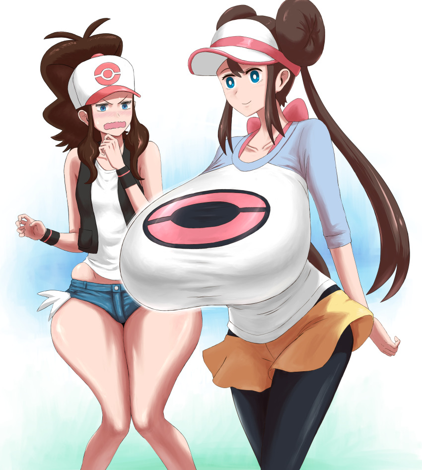 2girls bare_shoulders baseball_cap black_pantyhose black_vest blue_background blue_eyes blush breasts brown_hair closed_mouth cowboy_shot denim denim_shorts gradient_background hat hilda_(pokemon) huge_breasts long_hair matsumaruyama multiple_girls nintendo open_mouth pantyhose pantyhose_under_shorts pokemon pokemon_bw pokemon_bw2 rosa_(pokemon) short_shorts shorts sleeveless standing tank_top thick_thighs thighs twintails two-tone_shirt vest visor_cap wavy_mouth white_background white_tank_top wide_hips wristband yellow_shorts