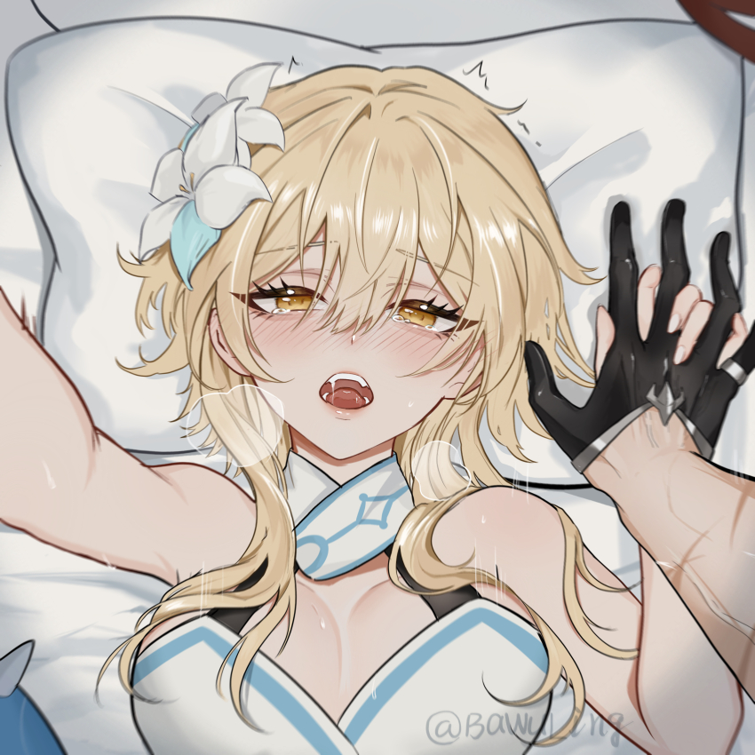 1boy 1girl absurdres bawuling black_gloves blonde_hair blush breasts chinese_commentary commentary_request dress flower genshin_impact gloves hair_between_eyes hair_flower hair_ornament hetero highres holding_hands implied_sex looking_at_viewer lumine_(genshin_impact) lying medium_breasts on_back open_mouth orange_eyes pillow pov sex short_hair_with_long_locks solo_focus tartaglia_(genshin_impact) tears twitter_username upper_body white_dress white_flower