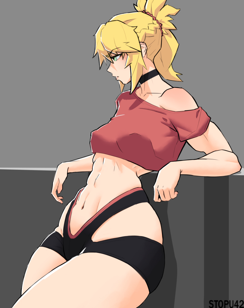 1girl aqua_eyes bare_shoulders blonde_hair breasts choker covered_erect_nipples fate/apocrypha fate_(series) highres midriff mordred_(fate) mordred_(fate/apocrypha) navel ponytail shorts solo stopu