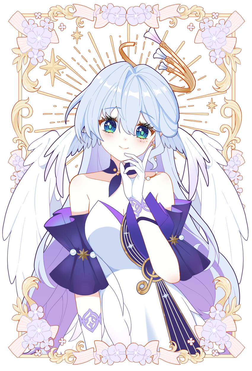 1girl absurdres angel_wings aqua_eyes asymmetrical_gloves bare_shoulders blue_hair breasts cleavage closed_mouth detached_sleeves dress earrings facial_mark feathered_wings ff2074 gloves hair_between_eyes halo hand_up head_wings highres honkai:_star_rail honkai_(series) jewelry long_hair looking_at_viewer purple_dress robin_(honkai:_star_rail) short_sleeves single_earring smile solo two-tone_dress uneven_gloves upper_body white_dress white_gloves white_wings wings