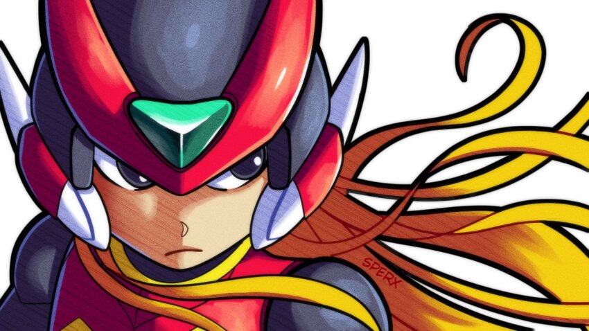 1boy black_eyes blonde_hair close-up closed_mouth forehead_jewel helmet long_hair male_focus mega_man_(series) mega_man_zero_(series) red_helmet simple_background solo sperxyt white_background zero(z)_(mega_man) zero_(mega_man)