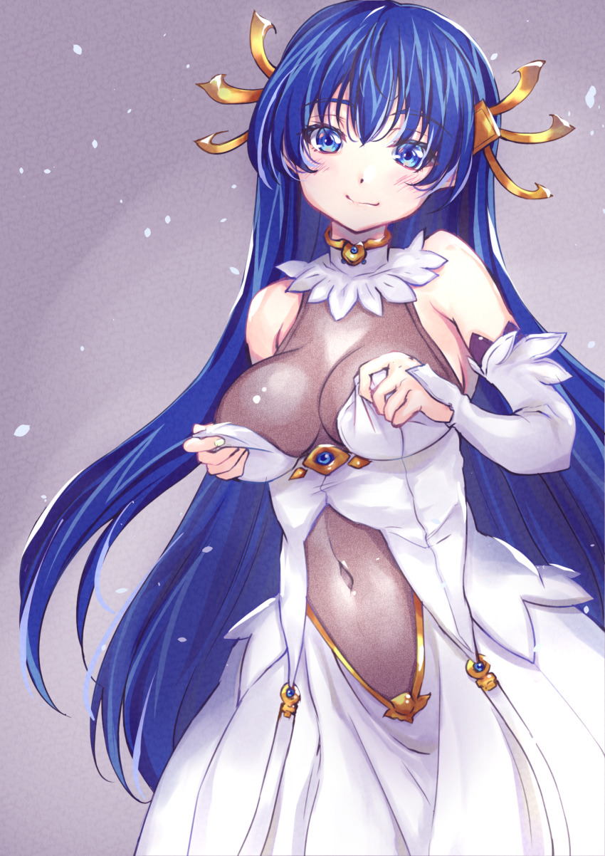 1girl bare_shoulders black_border blue_eyes blue_hair border breasts cleavage commentary_request covered_navel detached_sleeves dot_nose dress forehead gold_trim gradient_background hair_ornament highres large_breasts lia_parapara_leazas long_hair looking_at_viewer rance_(series) simple_background solo white_dress white_sleeves wochi