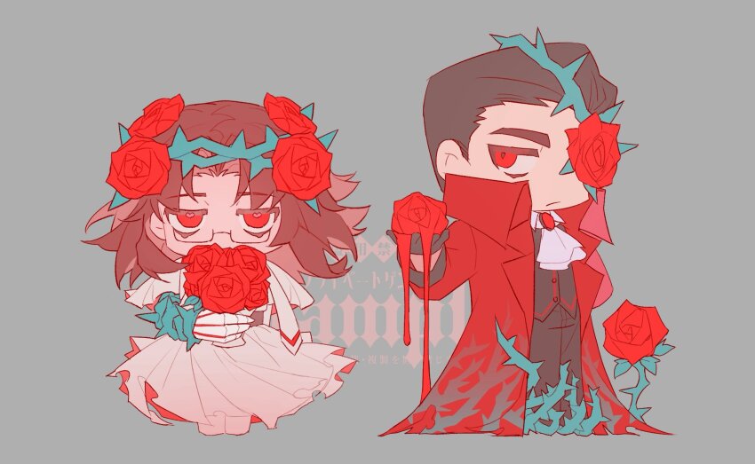 2boys arm_behind_back black_gloves black_hair black_vest bleeding blood blood_drip bouquet brambles brooch brown_hair chibi chibi_only coat collared_shirt crown_of_thorns curtained_hair dress e.g.o_(project_moon) flower frills garden_of_thorns_(e.g.o) glasses gloves gregor_(project_moon) hair_flowing_over hair_slicked_back heart heart-shaped_pupils high_collar highres holding holding_bouquet holding_flower jewelry jing84672940 limbus_company looking_at_viewer meursault_(project_moon) multiple_boys one_eye_covered plant project_moon red_coat red_eyes red_flower red_rose rose shirt standing symbol-shaped_pupils thorns vest vines white_dress white_shirt yearning-mircalla_(e.g.o)