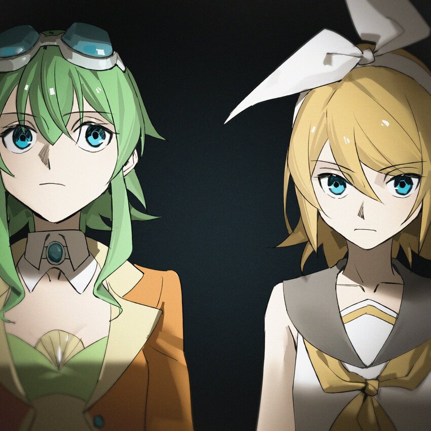 2girls black_background blonde_hair blue-tinted_eyewear blue_eyes bow bow_hairband breasts brooch cleavage collarbone commentary detached_collar english_commentary goggles goggles_on_head green_hair green_tube_top grey_sailor_collar gumi gumi_(ai_megpoid) gumi_(sv) hair_bow hairband highres jacket jewelry kagamine_rin light_frown medium_breasts medium_hair multiple_girls neckerchief orange_jacket sailor_collar school_uniform shirt short_hair sidelocks simple_background sleeveless sleeveless_shirt small_breasts strapless synthesizer_v tinted_eyewear tube_top upper_body vocaloid white_bow white_shirt wounds404 yellow_neckerchief