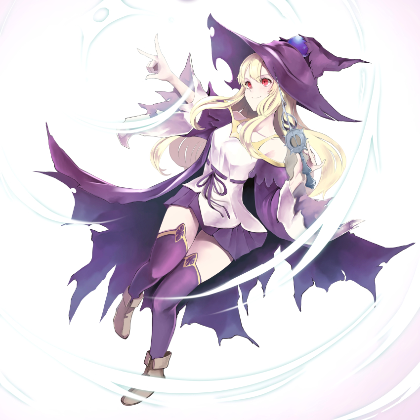 1girl absurdres blonde_hair brown_shoes coat daria_(shingeki_no_bahamut) hat highres holding holding_wand long_hair long_sleeves magic off-shoulder_coat off_shoulder purple_coat purple_hat purple_skirt purple_thighhighs red_eyes shadowverse shingeki_no_bahamut shirt shoes skirt sleeveless sleeveless_shirt smile solo thighhighs wand white_shirt wide_sleeves witch witch_hat yuuge_ningen