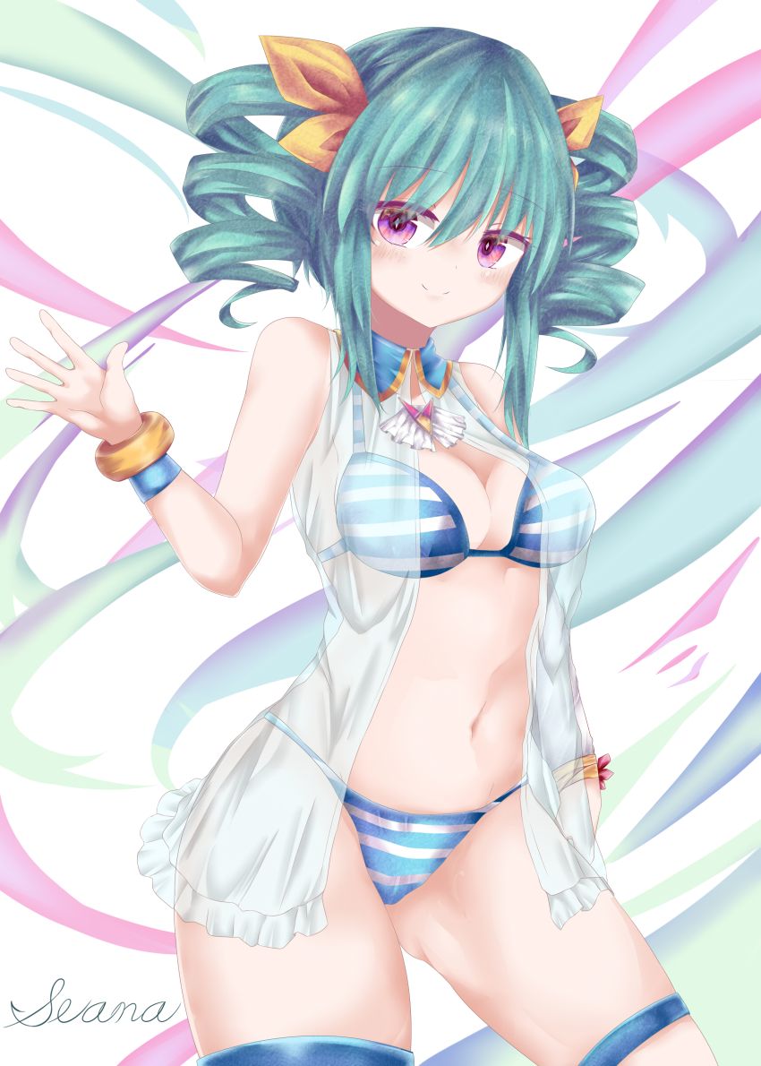 1girl absurdres aqua_hair bikini blouse blue_bra blue_panties bow bra bracelet breasts character_name collared_shirt drill_hair female_focus frilled_shirt frills hair_bow highres jewelry legband long_hair medium_breasts open_clothes open_shirt panties purple_eyes rabi-ribi ru_zhai seana_(rabi-ribi) see-through_clothes shirt sleeveless sleeveless_shirt smile solo striped_bikini striped_bra striped_clothes striped_panties swimsuit twin_drills underwear waving white_background white_bra white_panties white_shirt wristband yellow_bow