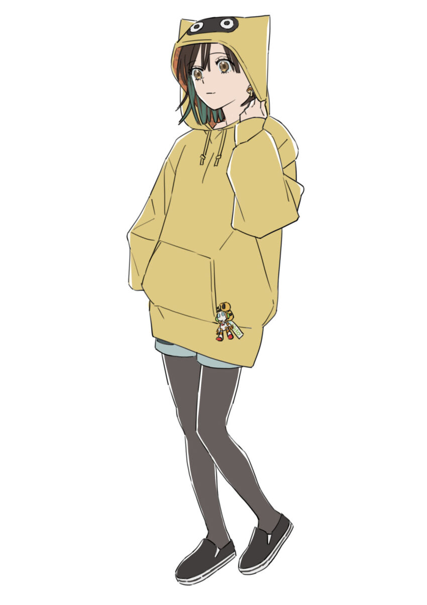 1girl black_shoes blue_shorts brown_eyes commentary_request full_body green_hair hair_ornament hand_in_pocket highres hood hoodie kawabata_arata multicolored_hair original pantyhose pantyhose_under_shorts shoes short_shorts shorts simple_background sleeves_past_wrists solo two-tone_hair yellow_hoodie