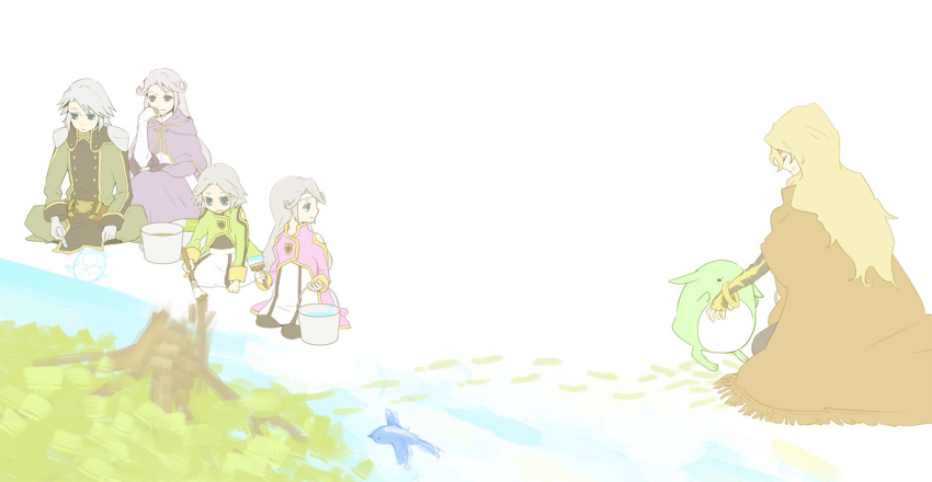 2girls 3boys bird blonde_hair blue_eyes cape closed_eyes coat dhaos dio_(tales) dios_(tales) grey_hair kuruuru long_hair mel_(tales) meltia_(tales) multiple_boys multiple_girls paint paintbrush pencil purple_eyes short_hair tales_of_(series) tales_of_phantasia tales_of_phantasia:_narikiri_dungeon tales_of_phantasia:_narikiri_dungeon_x
