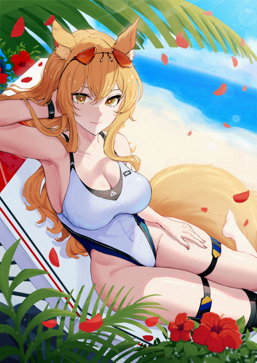 1girl animal_ear_fluff animal_ears aoi_tooru arknights armpits beach blonde_hair blue_sky breasts cleavage closed_mouth commentary_request competition_swimsuit day eyewear_on_head green_eyes highleg highleg_one-piece_swimsuit highres horse_ears horse_girl horse_tail large_breasts large_tail long_hair looking_at_viewer navel nearl_(arknights) nearl_(shimmering_dew)_(arknights) ocean official_alternate_costume one-piece_swimsuit sky smile solo swimsuit tail thighs white_one-piece_swimsuit